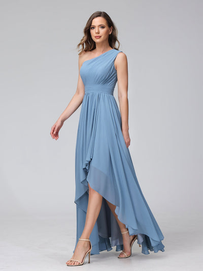 A-Line One-Shoulder Sleeveless Chiffon High Low Bridesmaid Dresses with Pockets