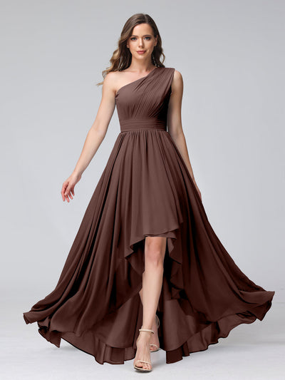 A-Line One-Shoulder Sleeveless Chiffon High Low Bridesmaid Dresses with Pockets