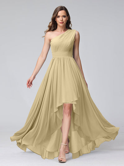 A-Line One-Shoulder Sleeveless Chiffon High Low Bridesmaid Dresses with Pockets