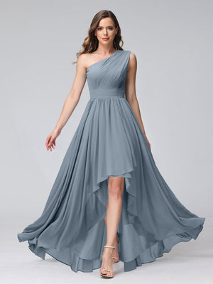 chiffon high low bridesmaid dresses V-Neck Sleeveless High-Low Bridesmaid Dress with Waist Pleating