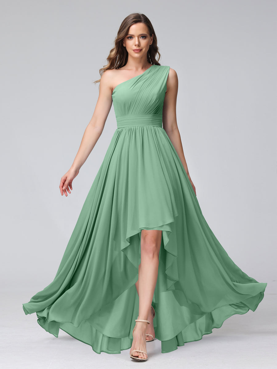 A-Line One-Shoulder Sleeveless Chiffon High Low Bridesmaid Dresses with Pockets