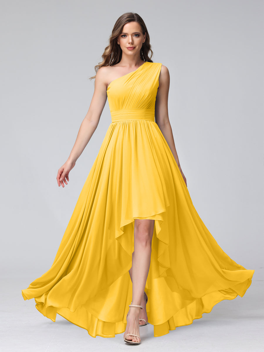 A-Line One-Shoulder Sleeveless Chiffon High Low Bridesmaid Dresses with Pockets