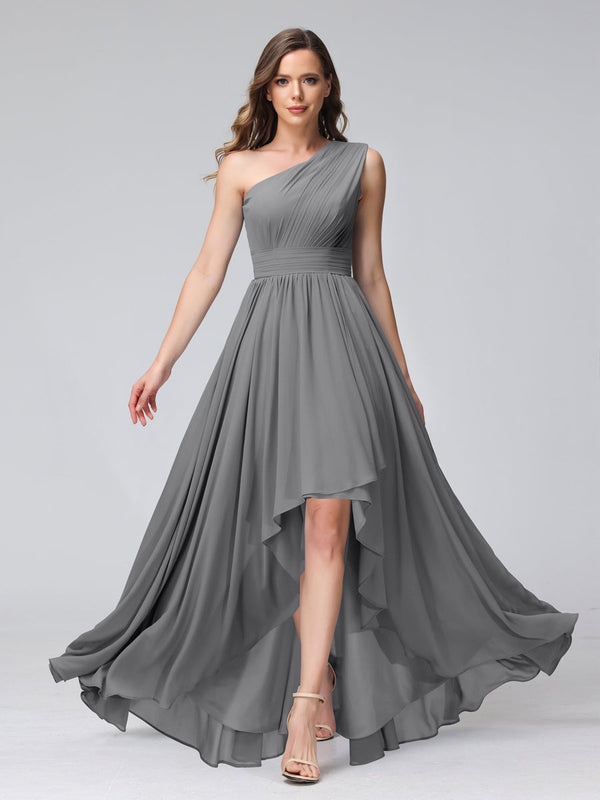 A-Line One-Shoulder Sleeveless Chiffon High Low Bridesmaid Dresses wit A-Line One-Shoulder Sleeveless Chiffon High Low Bridesmaid Dresses wit