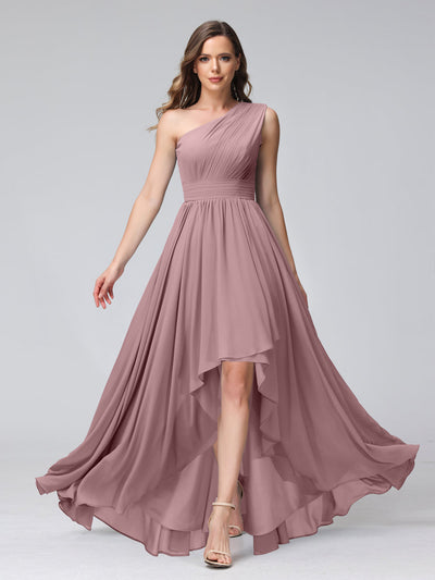 A-Line One-Shoulder Sleeveless Chiffon High Low Bridesmaid Dresses with Pockets
