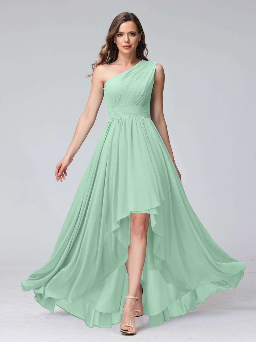 A-Line One-Shoulder Sleeveless Chiffon High Low Bridesmaid Dresses with Pockets