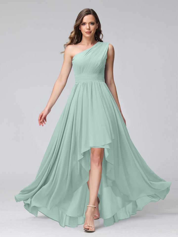 A-Line One-Shoulder Sleeveless Chiffon High Low Bridesmaid Dresses with Pockets
