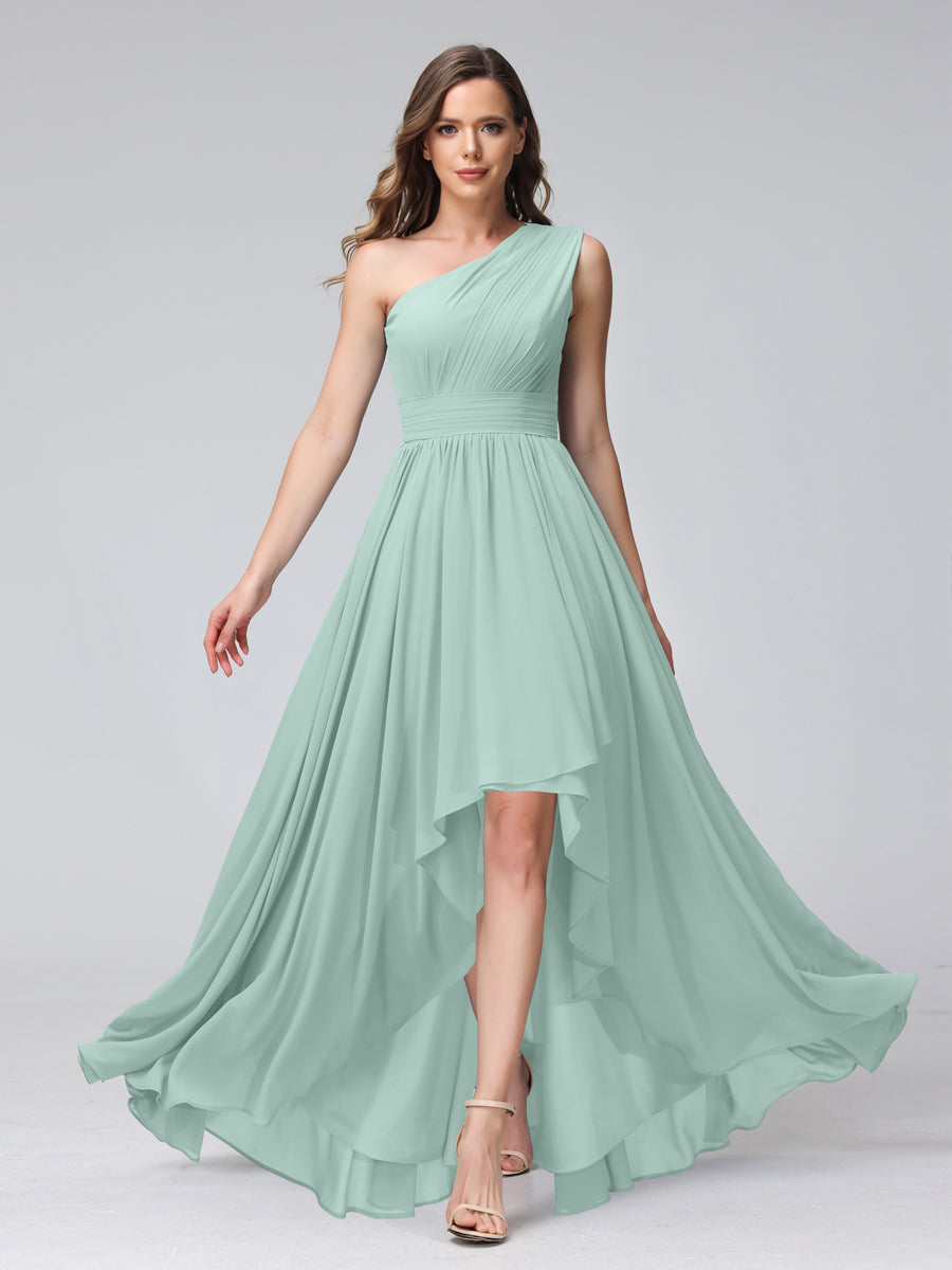 A-Line One-Shoulder Sleeveless Chiffon High Low Bridesmaid Dresses with Pockets