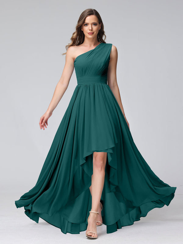 high and low bridesmaid dresses A-Line One-Shoulder Sleeveless Chiffon High Low Bridesmaid Dresses wit