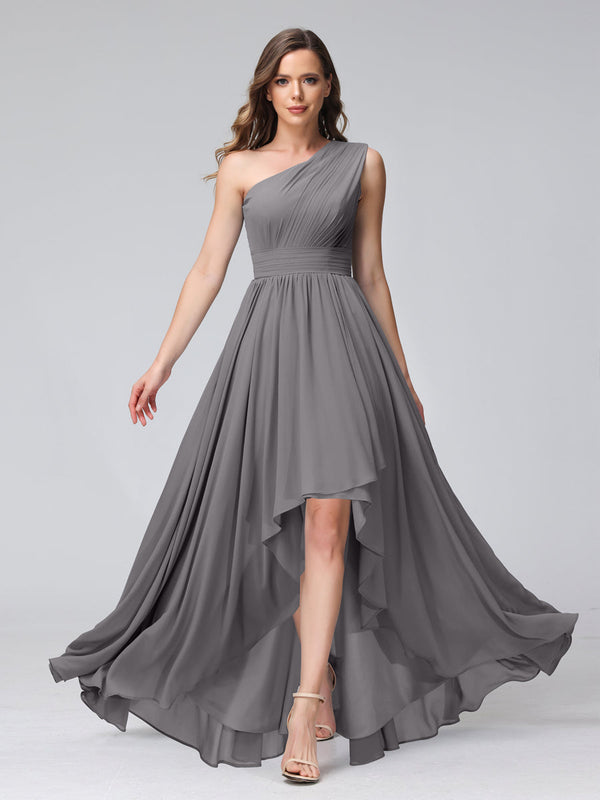 high low bridesmaid dresses A-Line One-Shoulder Sleeveless Chiffon High Low Bridesmaid Dresses wit