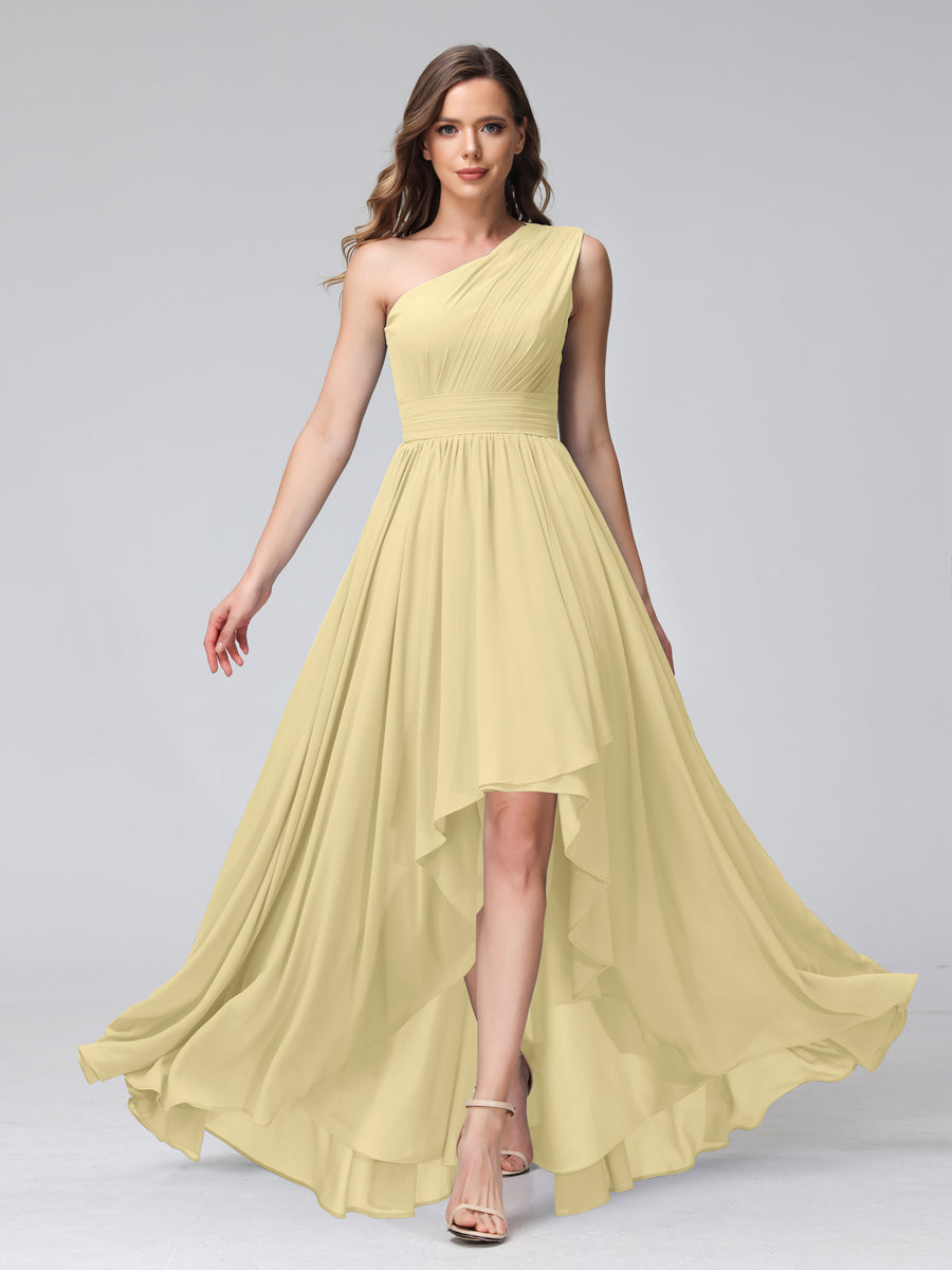 A-Line One-Shoulder Sleeveless Chiffon High Low Bridesmaid Dresses with Pockets