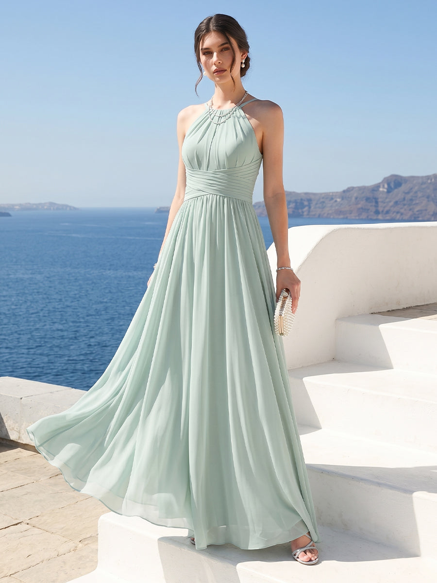 A-Line Halter Sleeveless Ruched Floor-Length Chiffon Bridesmaid Dresses
