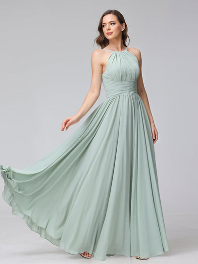 A-Line Halter Sleeveless Ruched Floor-Length Chiffon Bridesmaid Dresses