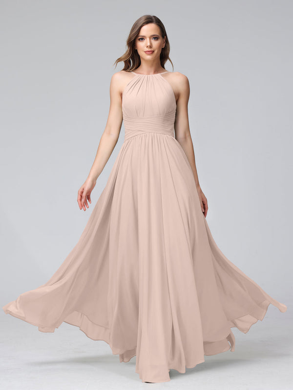 A-Line Halter Sleeveless Ruched Floor-Length Chiffon Bridesmaid Dresses