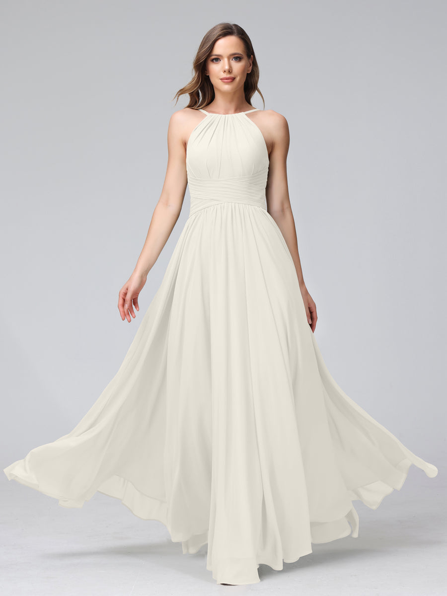 A-Line Halter Sleeveless Ruched Floor-Length Chiffon Bridesmaid Dresses