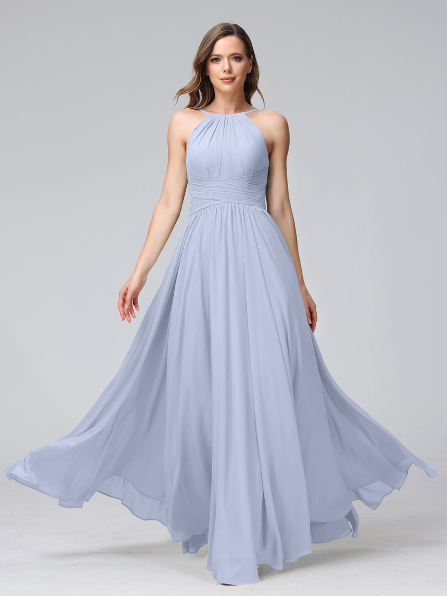 A-Line Halter Sleeveless Ruched Floor-Length Chiffon Bridesmaid Dresses