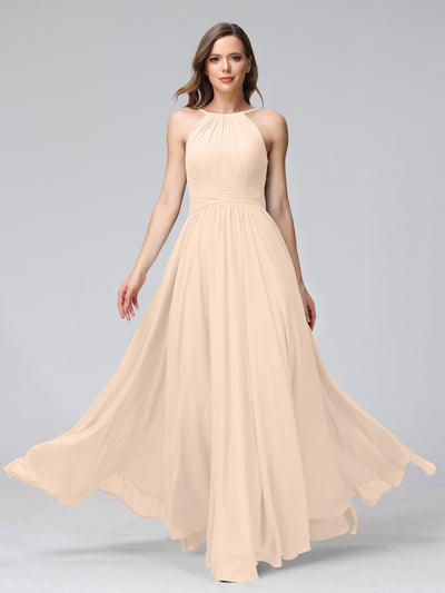 A-Line Halter Sleeveless Ruched Floor-Length Chiffon Bridesmaid Dresses