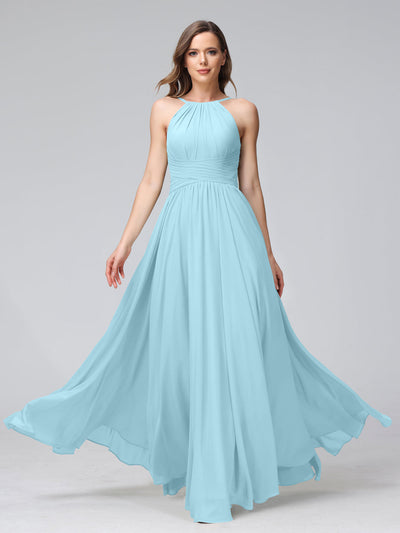 A-Line Halter Sleeveless Ruched Floor-Length Chiffon Bridesmaid Dresses