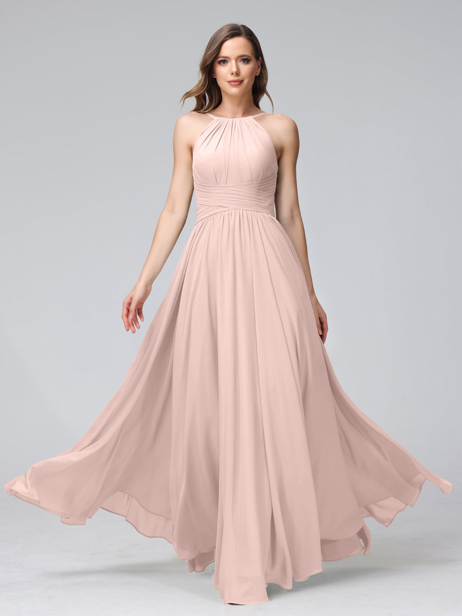 A-Line Halter Sleeveless Ruched Floor-Length Chiffon Bridesmaid Dresses