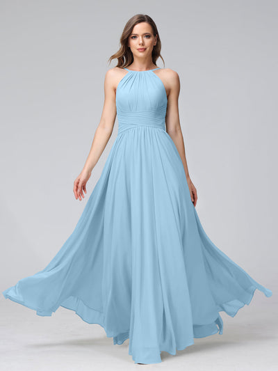 A-Line Halter Sleeveless Ruched Floor-Length Chiffon Bridesmaid Dresses