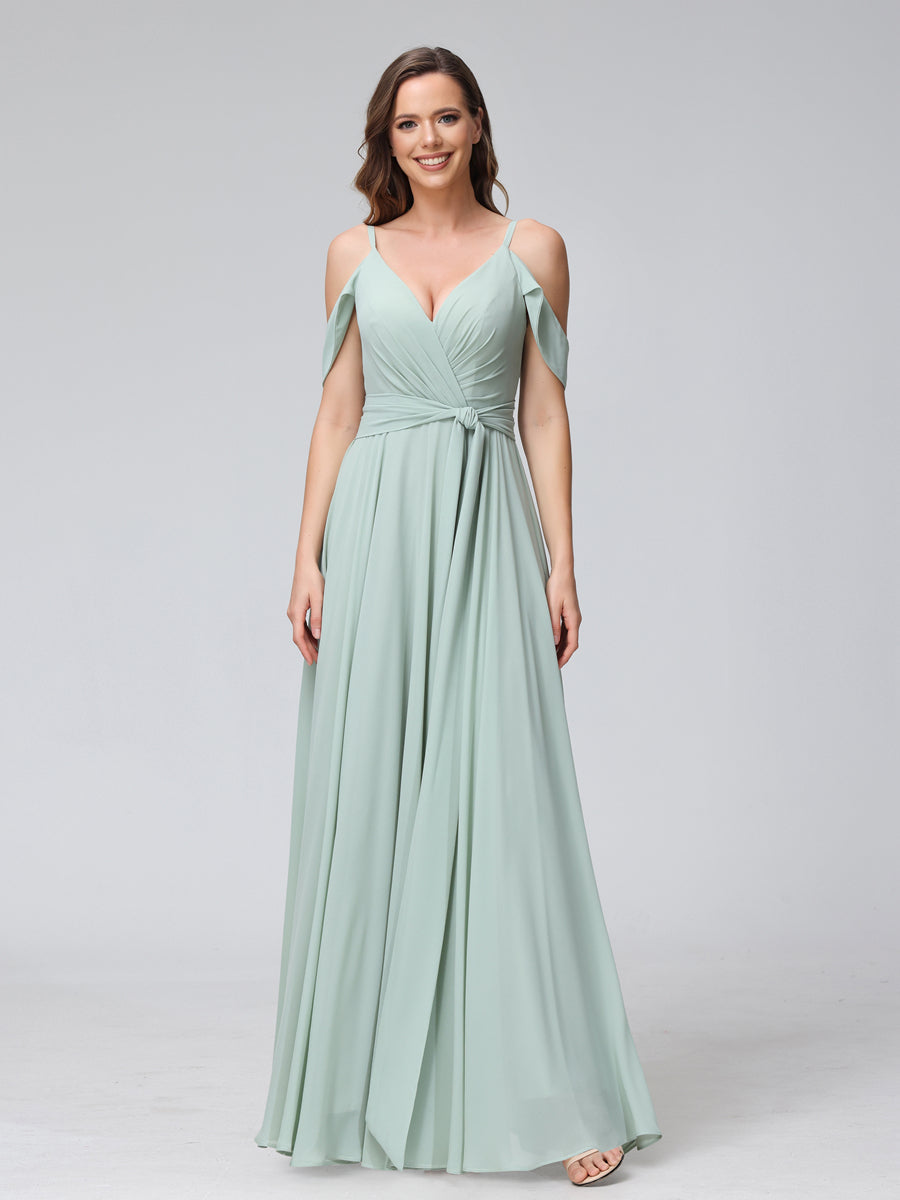 A-Line V-Neck Short Sleeves Chiffon Bridesmaid Dresses with Spaghetti Straps &amp; Split Side