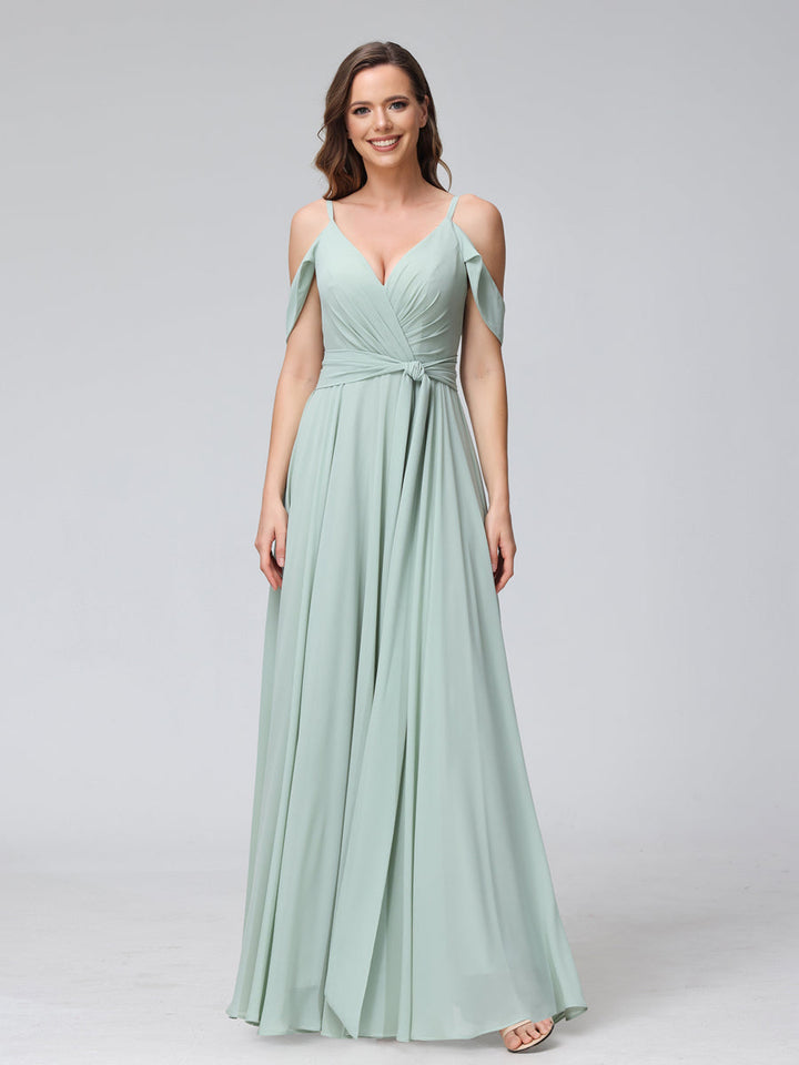 A-Line V-Neck Short Sleeves Chiffon Bridesmaid Dresses with Spaghetti Straps &amp; Split Side