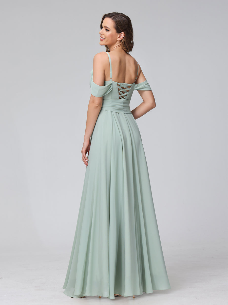 A-Line V-Neck Short Sleeves Chiffon Bridesmaid Dresses with Spaghetti Straps &amp; Split Side