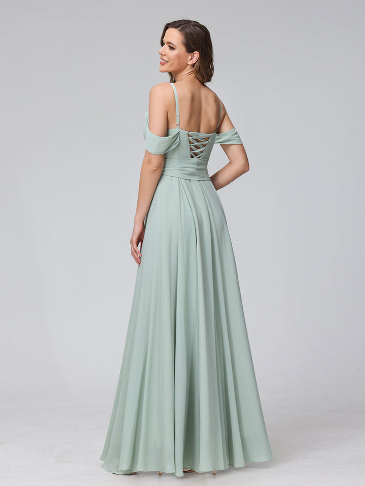 A-Line V-Neck Short Sleeves Chiffon Bridesmaid Dresses with Spaghetti Straps &amp; Split Side
