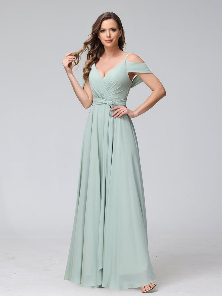 A-Line V-Neck Short Sleeves Chiffon Bridesmaid Dresses with Spaghetti Straps &amp; Split Side