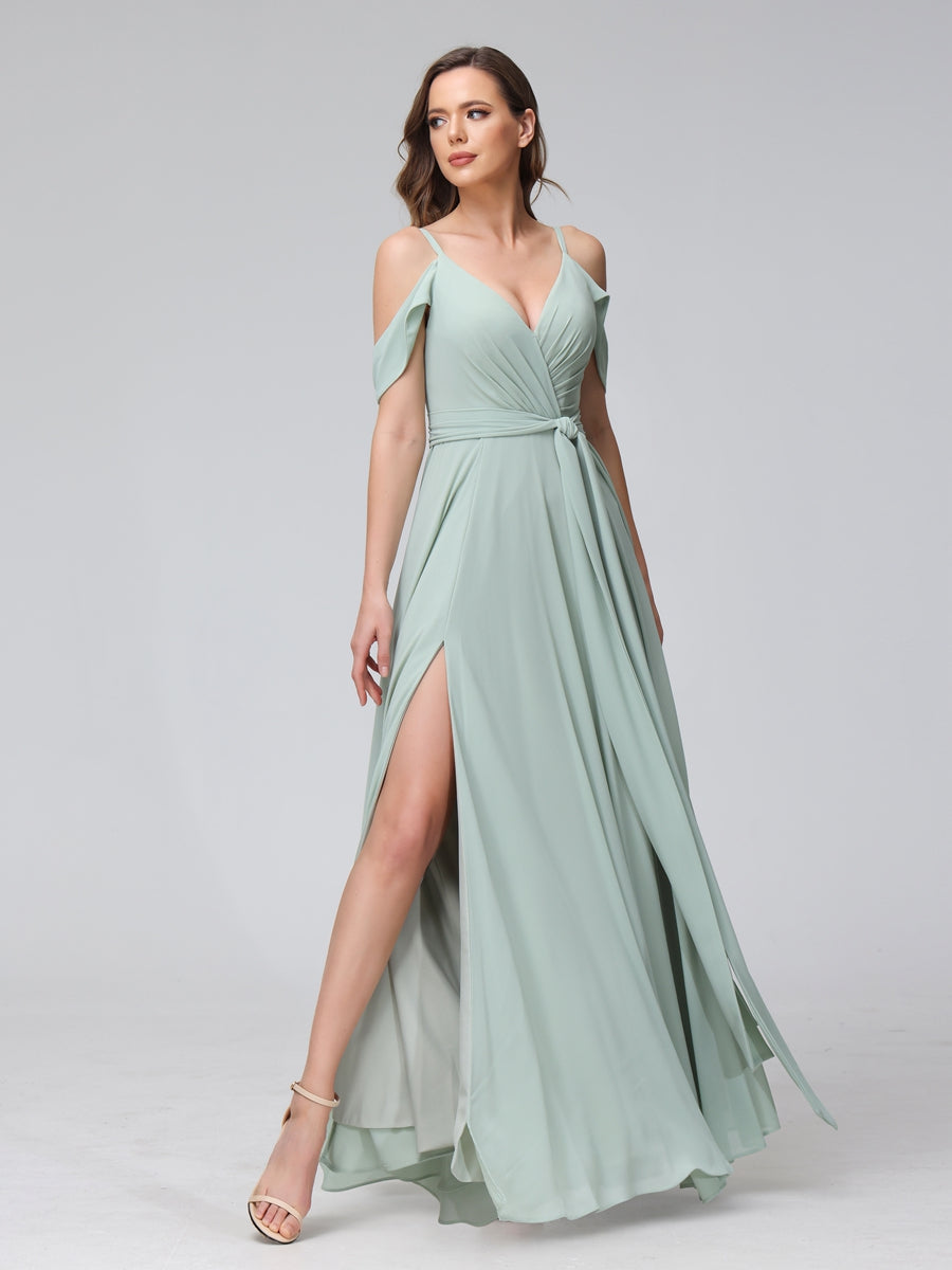 A-Line V-Neck Short Sleeves Chiffon Bridesmaid Dresses with Spaghetti Straps &amp; Split Side