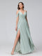 A-Line V-Neck Short Sleeves Chiffon Bridesmaid Dresses with Spaghetti Straps & Split Side