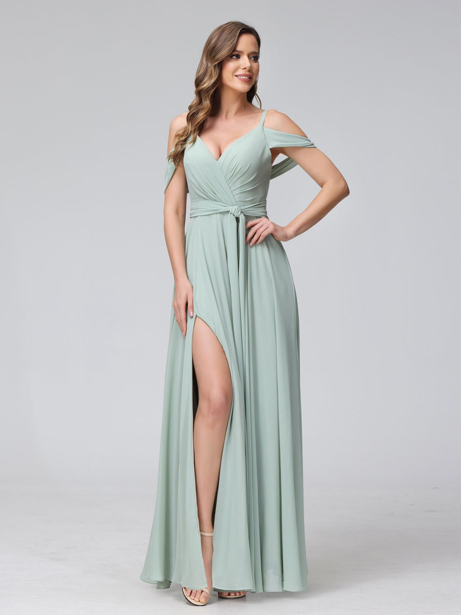 A-Line V-Neck Short Sleeves Chiffon Bridesmaid Dresses with Spaghetti Straps &amp; Split Side