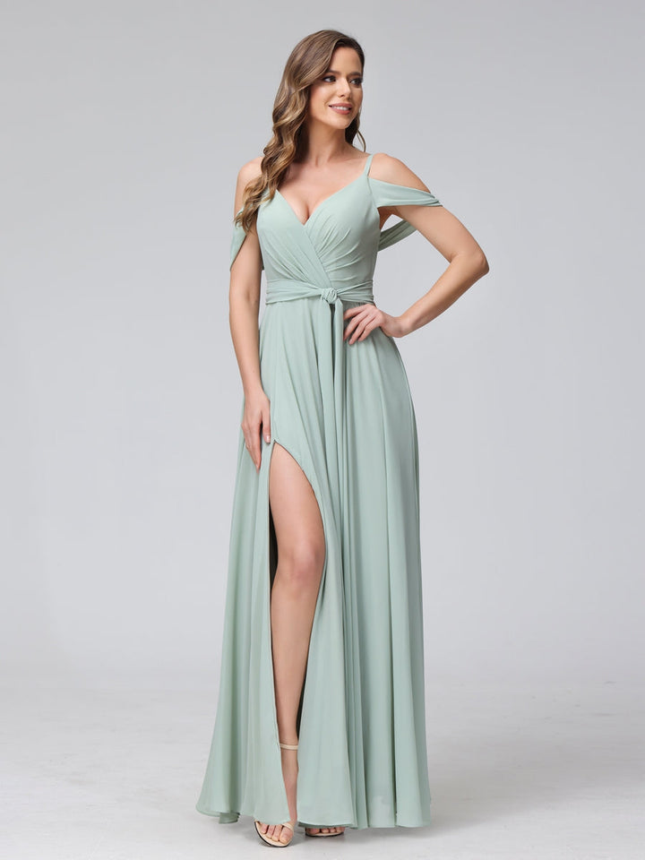 A-Line V-Neck Short Sleeves Chiffon Bridesmaid Dresses with Spaghetti Straps &amp; Split Side