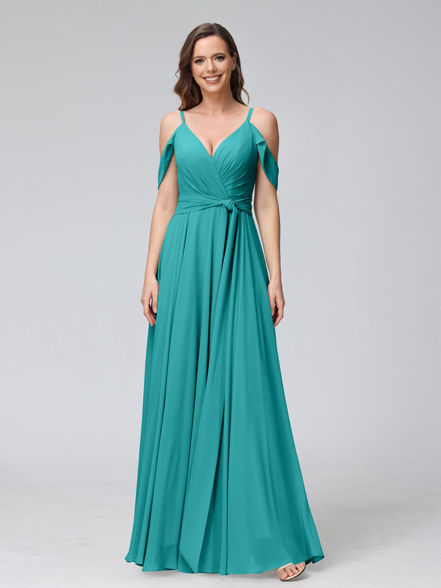 A-Line V-Neck Short Sleeves Chiffon Bridesmaid Dresses with Spaghetti Straps &amp; Split Side