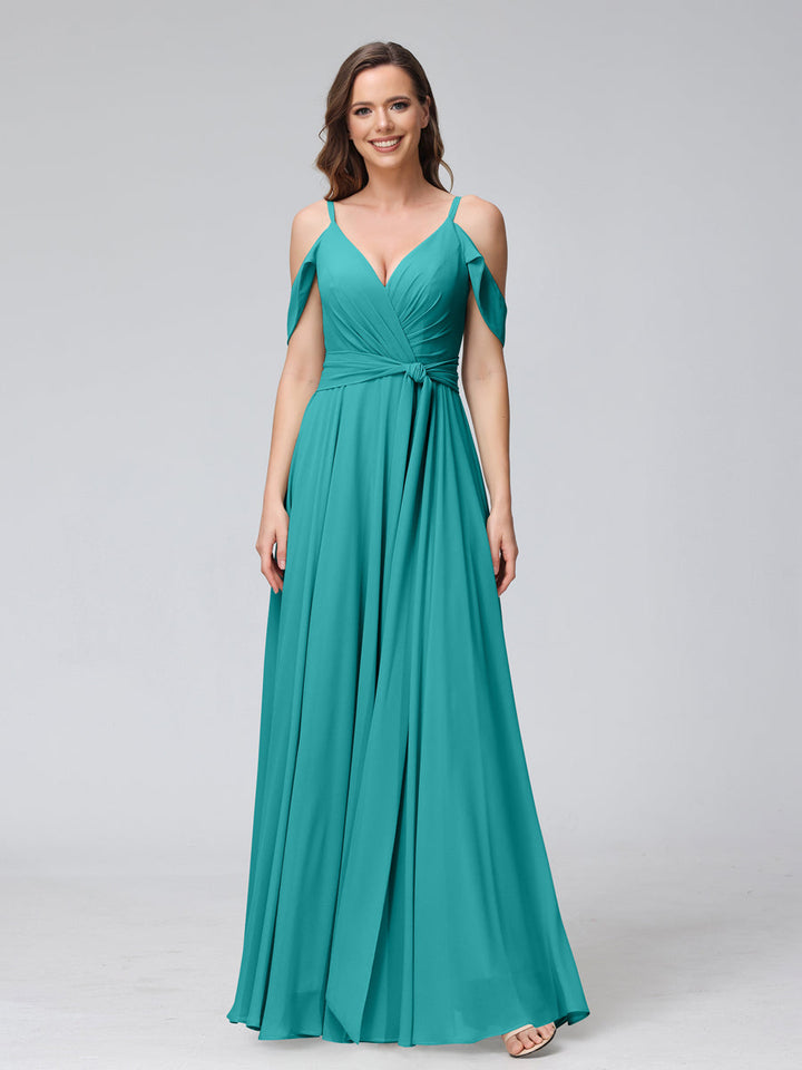 A-Line V-Neck Short Sleeves Chiffon Bridesmaid Dresses with Spaghetti Straps &amp; Split Side