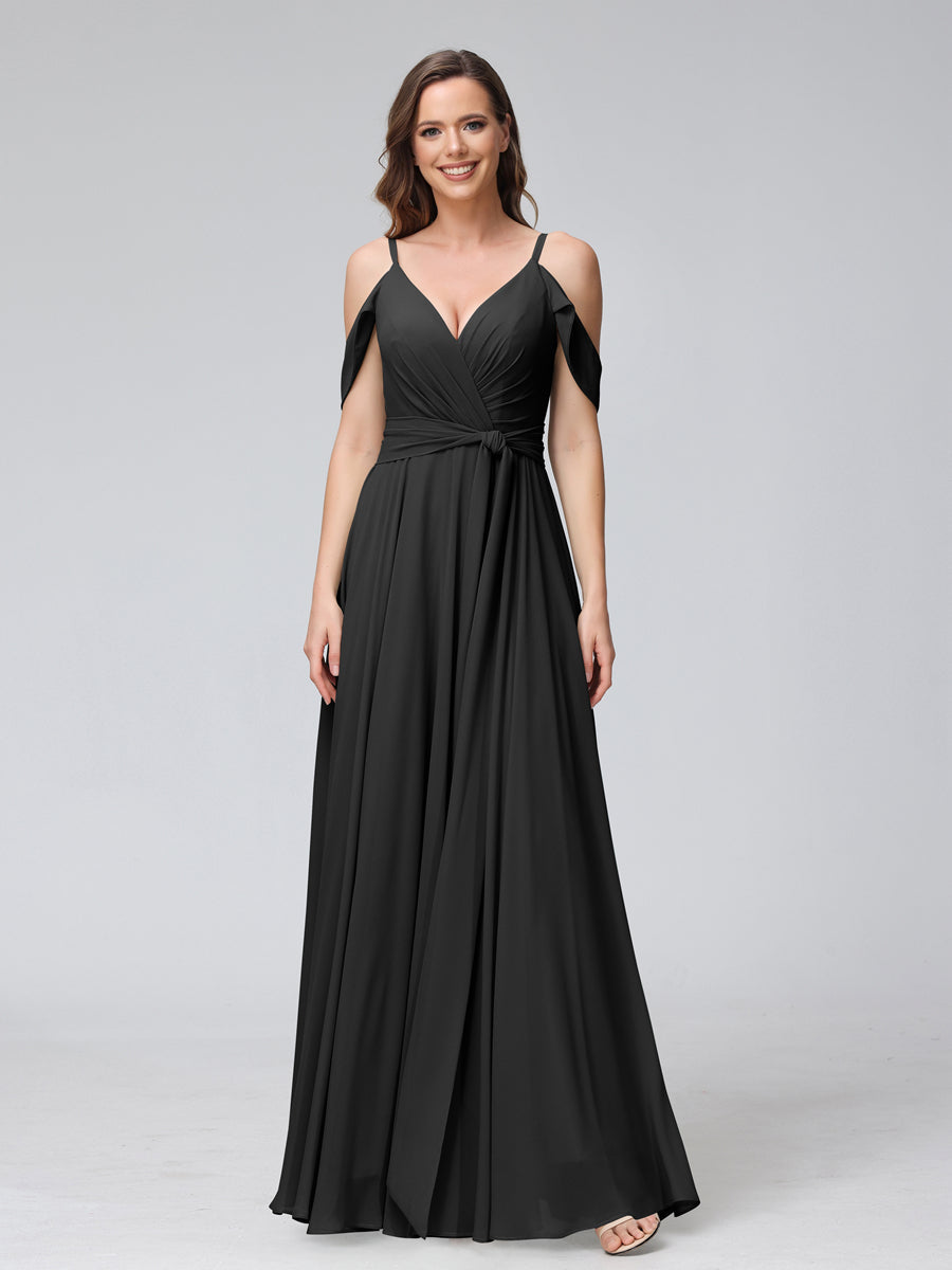 A-Line V-Neck Short Sleeves Chiffon Bridesmaid Dresses with Spaghetti Straps &amp; Split Side