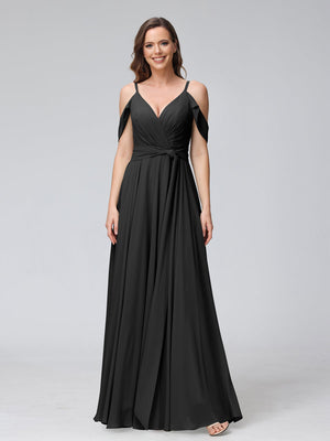 A-Line V-Neck Short Sleeves Chiffon Bridesmaid Dresses with Spaghetti Straps & Split Side