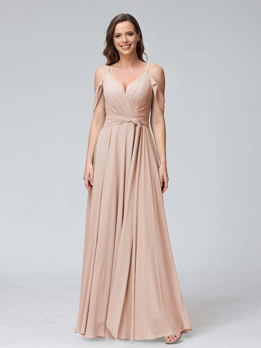 A-Line V-Neck Short Sleeves Chiffon Bridesmaid Dresses with Spaghetti Straps &amp; Split Side