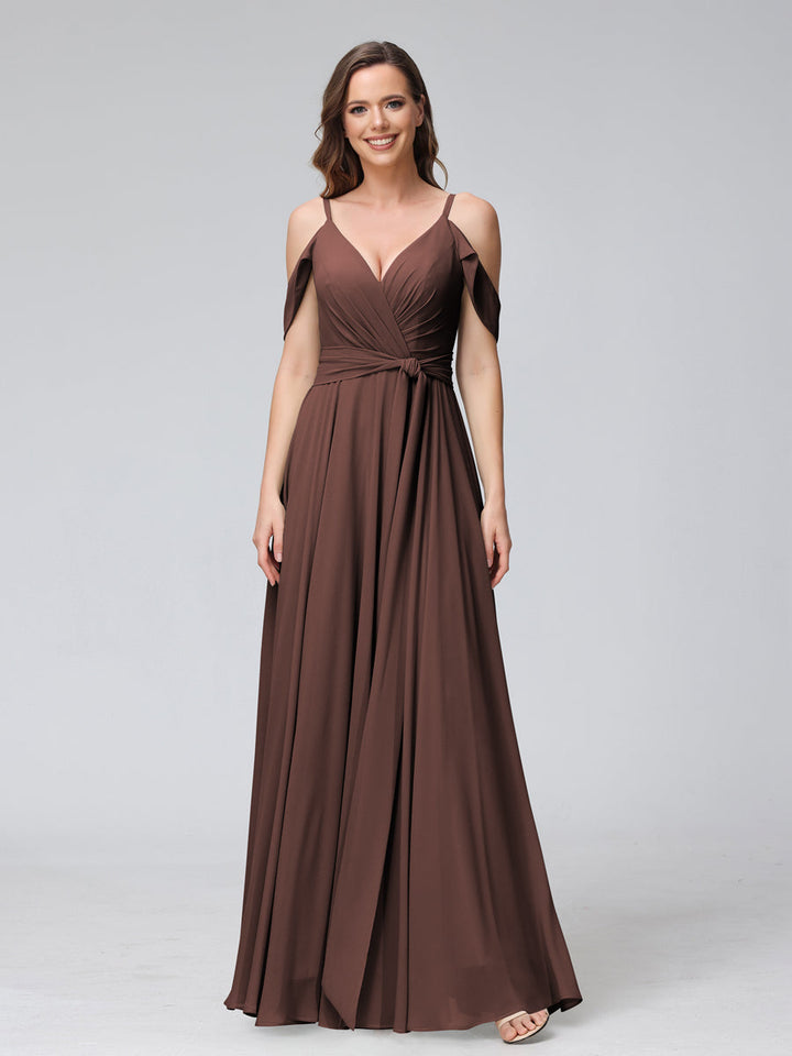 A-Line V-Neck Short Sleeves Chiffon Bridesmaid Dresses with Spaghetti Straps &amp; Split Side