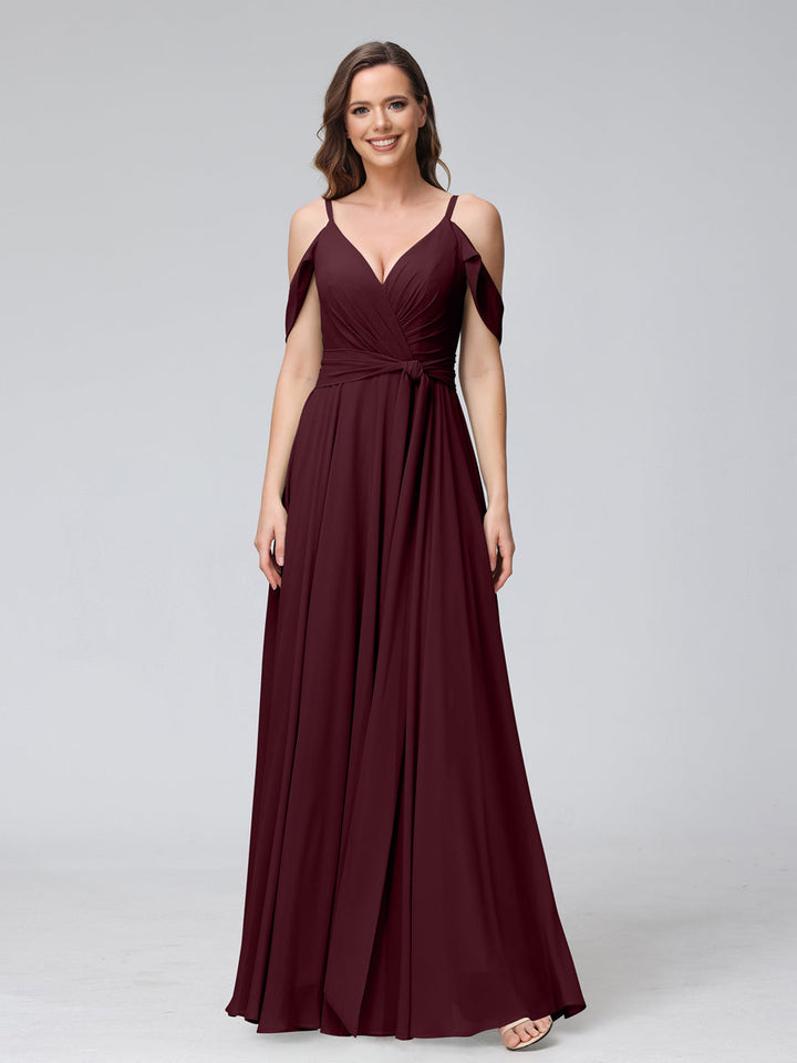 A-Line V-Neck Short Sleeves Chiffon Bridesmaid Dresses with Spaghetti Straps &amp; Split Side
