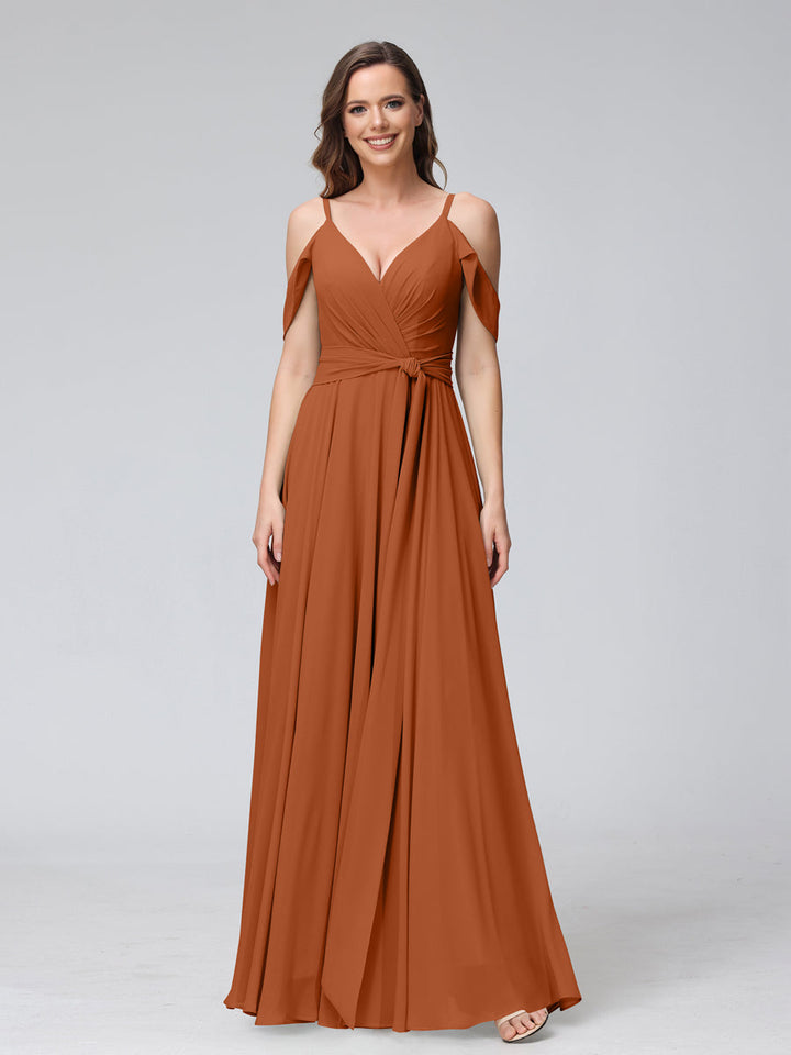 A-Line V-Neck Short Sleeves Chiffon Bridesmaid Dresses with Spaghetti Straps &amp; Split Side