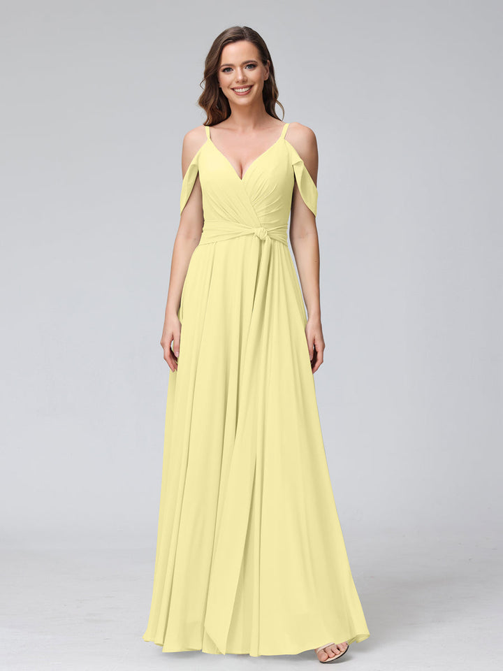 A-Line V-Neck Short Sleeves Chiffon Bridesmaid Dresses with Spaghetti Straps &amp; Split Side