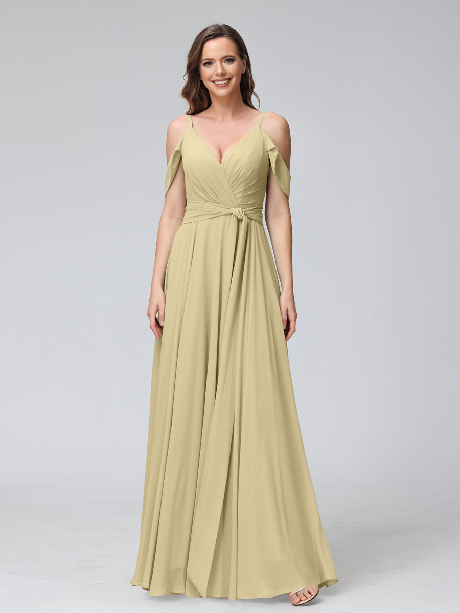 A-Line V-Neck Short Sleeves Chiffon Bridesmaid Dresses with Spaghetti Straps &amp; Split Side