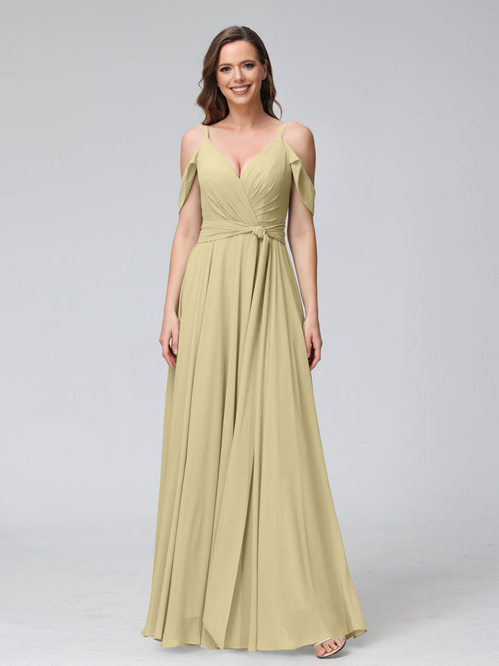 A-Line V-Neck Short Sleeves Chiffon Bridesmaid Dresses with Spaghetti Straps &amp; Split Side