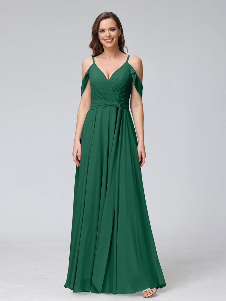 A-Line V-Neck Short Sleeves Chiffon Bridesmaid Dresses with Spaghetti Straps &amp; Split Side