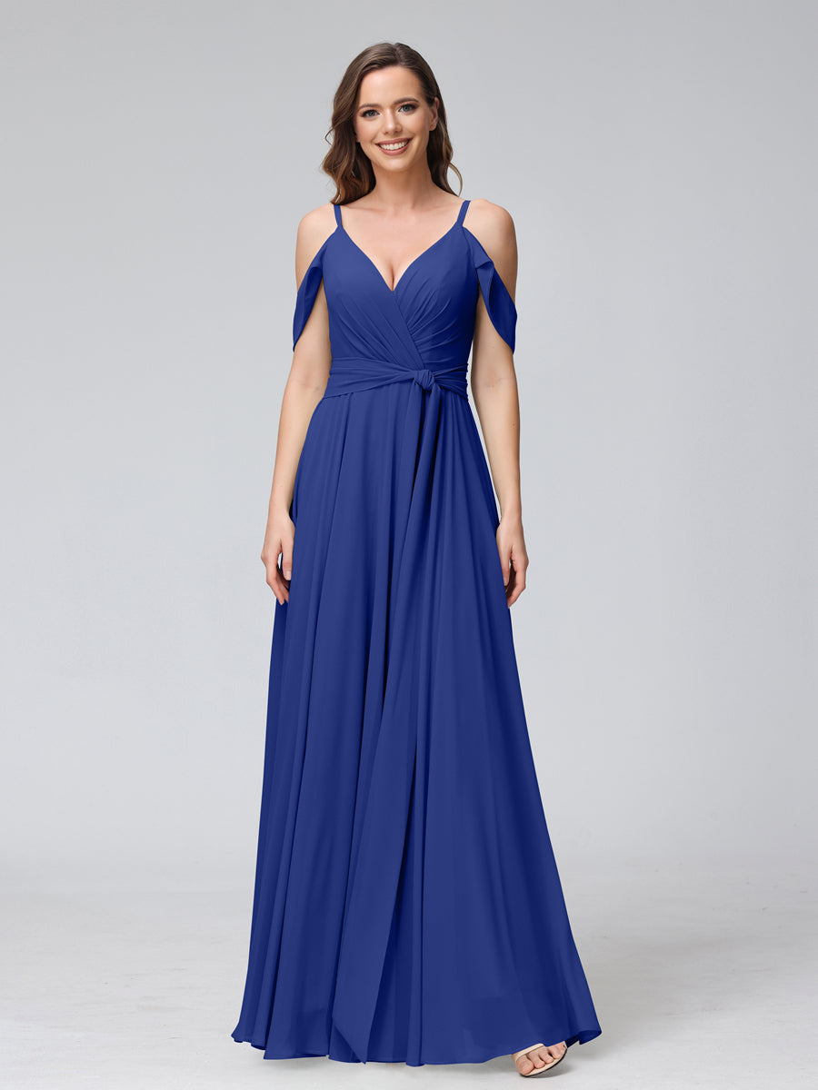 A-Line V-Neck Short Sleeves Chiffon Bridesmaid Dresses with Spaghetti Straps &amp; Split Side