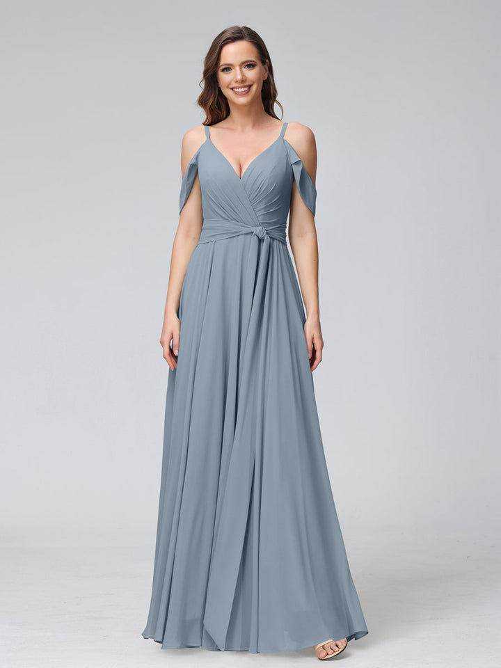 A-Line V-Neck Short Sleeves Chiffon Bridesmaid Dresses with Spaghetti Straps &amp; Split Side