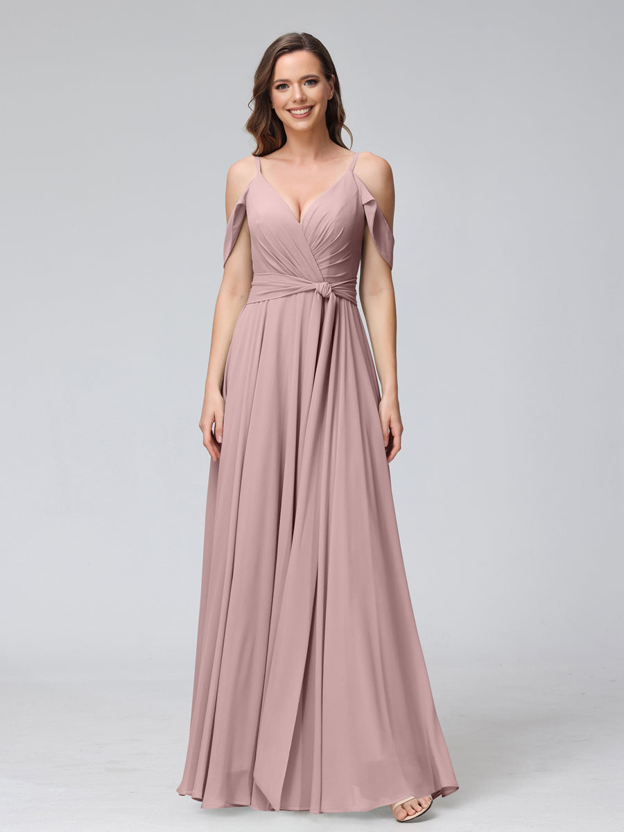 A-Line V-Neck Short Sleeves Chiffon Bridesmaid Dresses with Spaghetti Straps &amp; Split Side