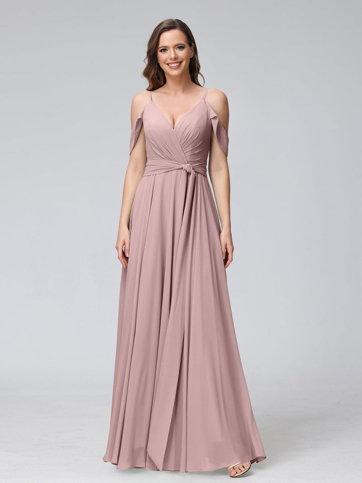 A-Line V-Neck Short Sleeves Chiffon Bridesmaid Dresses with Spaghetti Straps &amp; Split Side