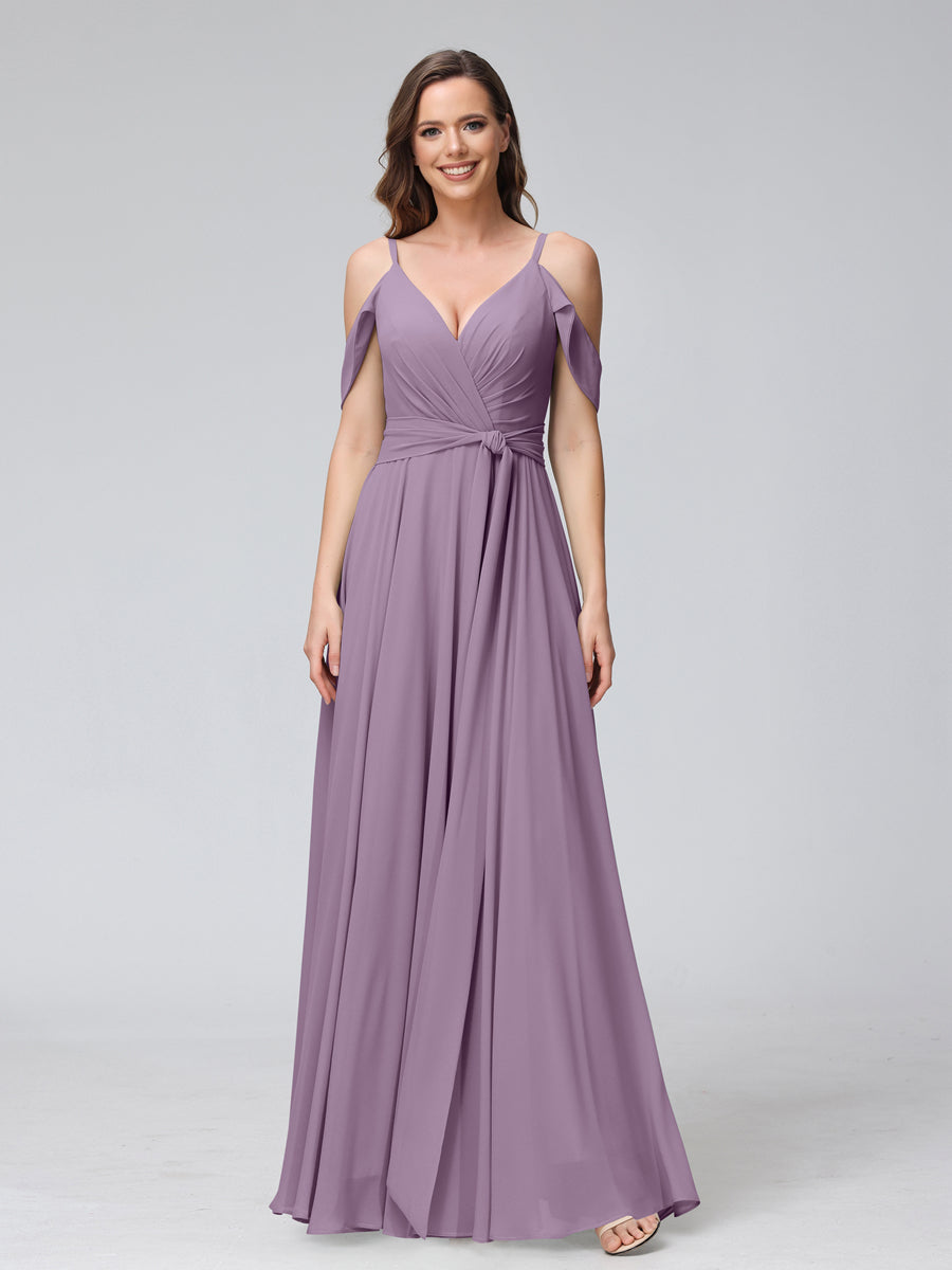 A-Line V-Neck Short Sleeves Chiffon Bridesmaid Dresses with Spaghetti Straps &amp; Split Side