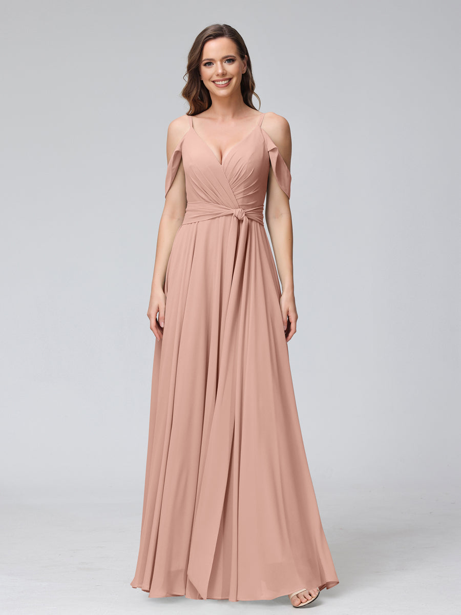 A-Line V-Neck Short Sleeves Chiffon Bridesmaid Dresses with Spaghetti Straps &amp; Split Side